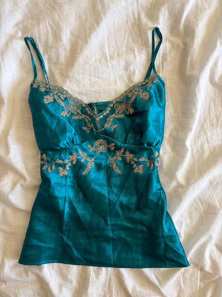Vintage Y2K jade blue embroidered satin cami