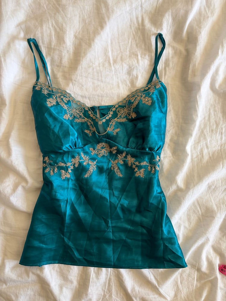 Vintage Y2K jade blue embroidered satin cami