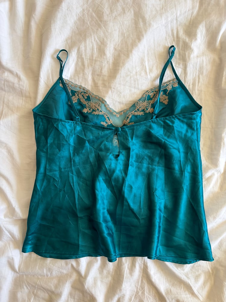Vintage Y2K jade blue embroidered satin cami