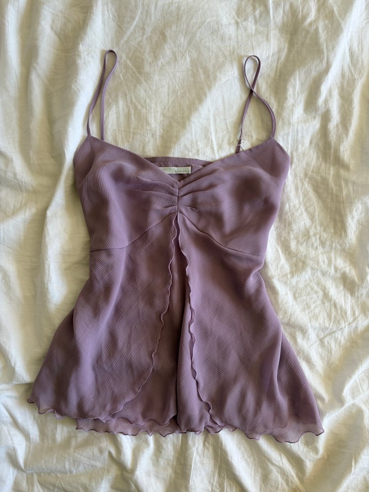 Vintage Y2K lilac ruched bust fairy cami with ruffle open detail