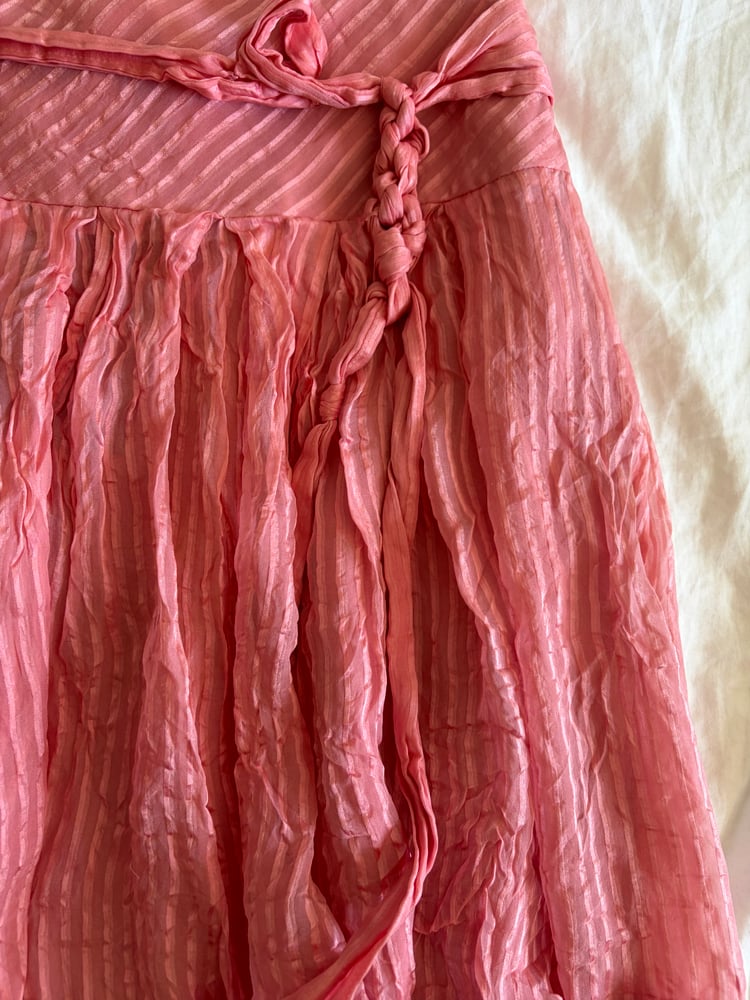 Vintage Y2K 2005 Karen Millen silk pinstripe pink floaty midi skirt with side tie detail