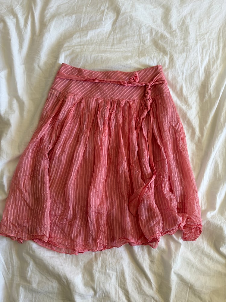 Vintage Y2K 2005 Karen Millen silk pinstripe pink floaty midi skirt with side tie detail