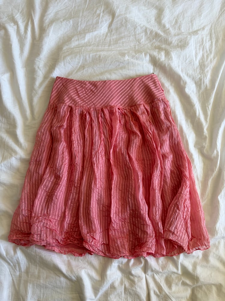 Vintage Y2K 2005 Karen Millen silk pinstripe pink floaty midi skirt with side tie detail