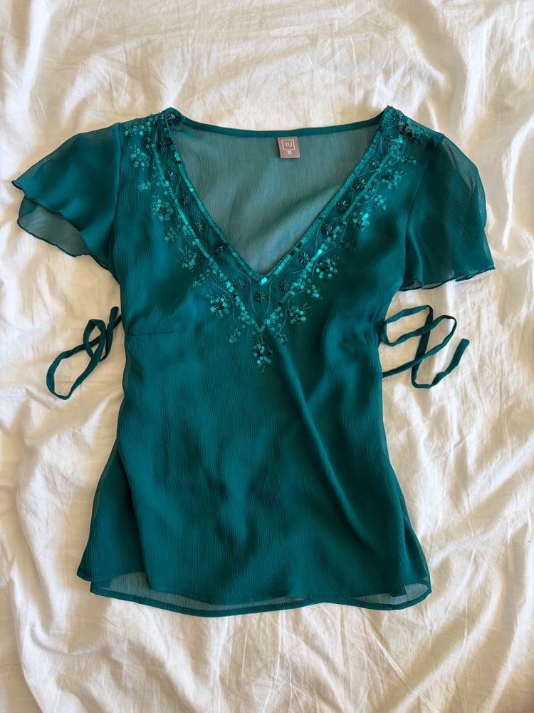 Vintage Y2K teal sequin top with side ties