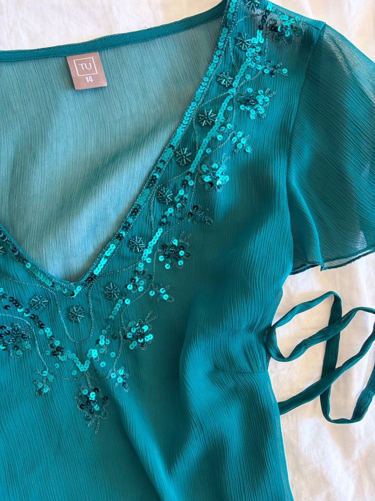 Vintage Y2K teal sequin top with side ties