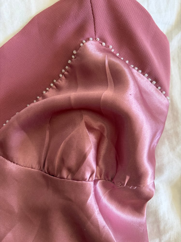 Vintage 90s pink ruffle mini dress with beaded detail and mesh ruffle hem