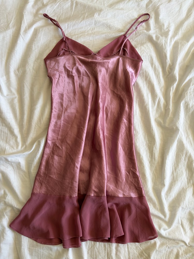 Vintage 90s pink ruffle mini dress with beaded detail and mesh ruffle hem