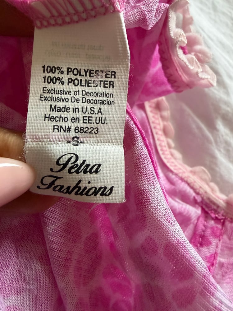 Vintage Y2K pink leopard micromesh cami with ruffle straps and trimming
