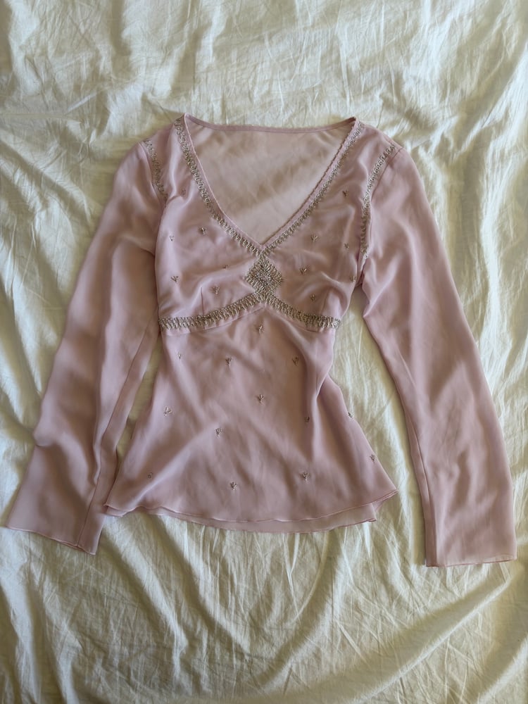 Vintage Y2K baby pink beaded long sleeve baby doll style top