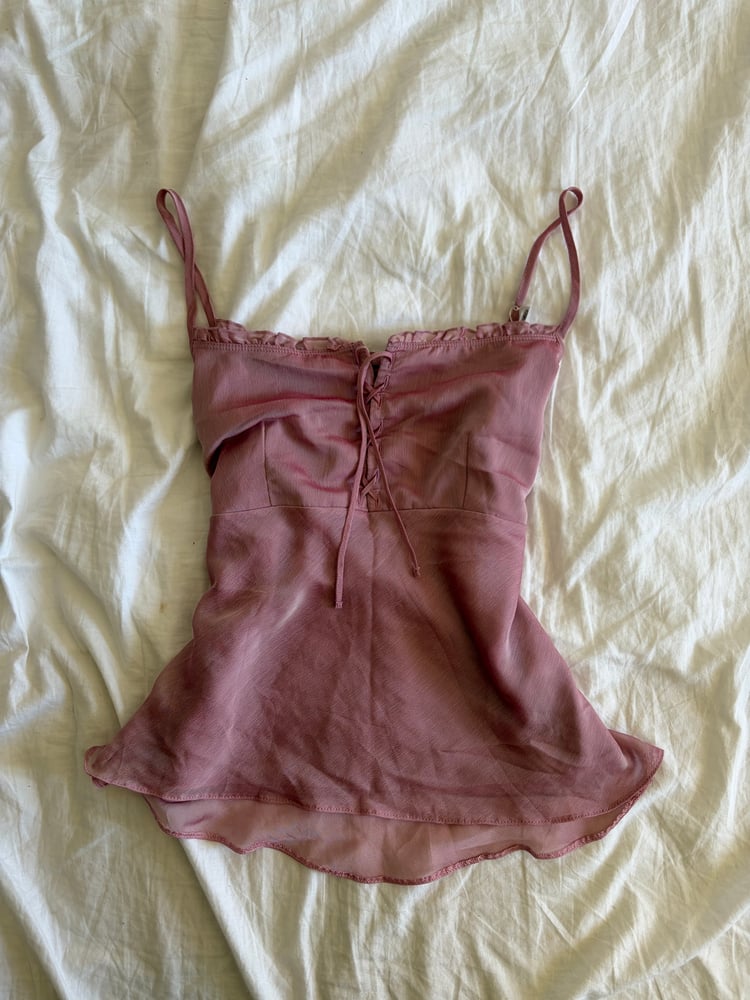 Vintage Y2K pink lace up bust pink fairy cami and ruffle detail on bust