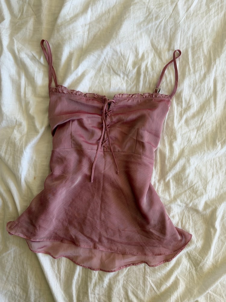 Vintage Y2K pink lace up bust pink fairy cami and ruffle detail on bust