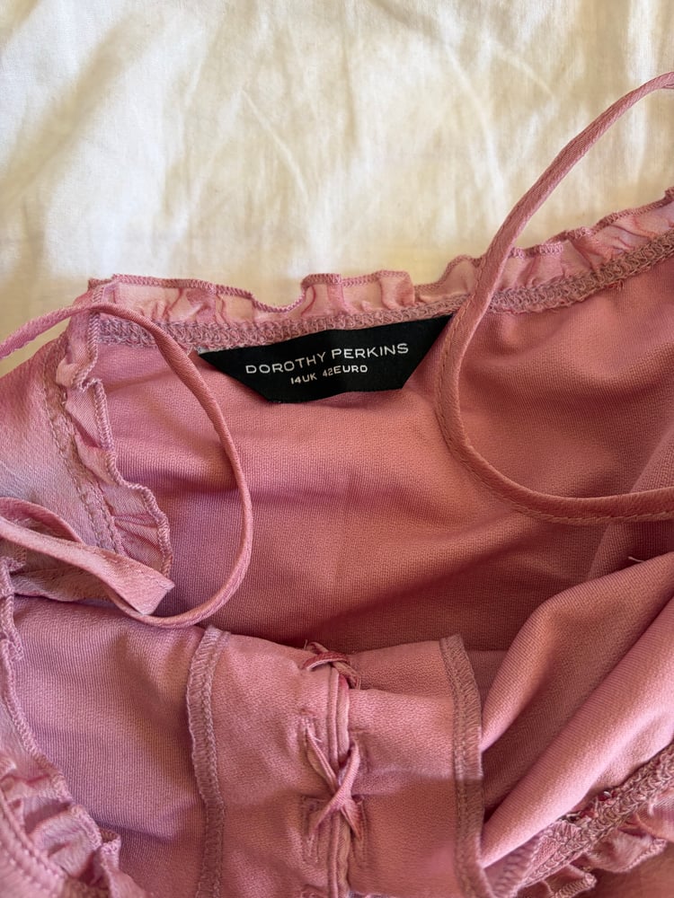 Vintage Y2K pink lace up bust pink fairy cami and ruffle detail on bust