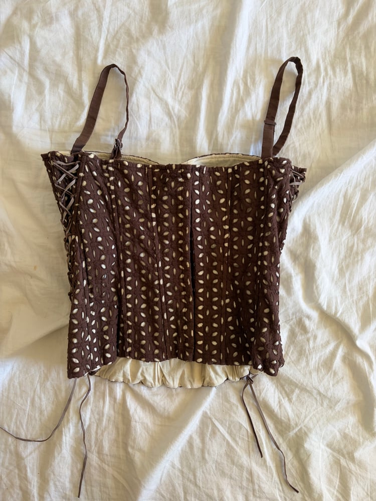 Vintage Y2K brown floral broderie anglaise corset style cami with lace up side detailing