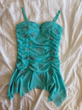 Vintage Y2K deadstock turquoise ruched handkerchief hem cami with silver butterflies