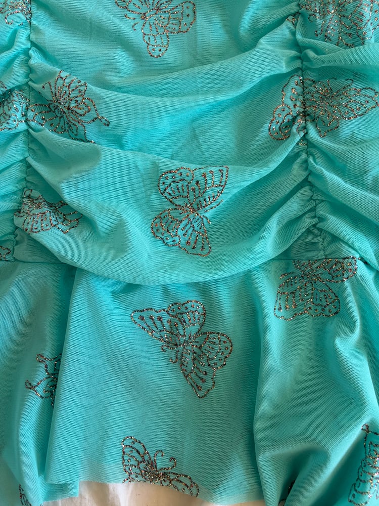 Vintage Y2K deadstock turquoise ruched handkerchief hem cami with silver butterflies