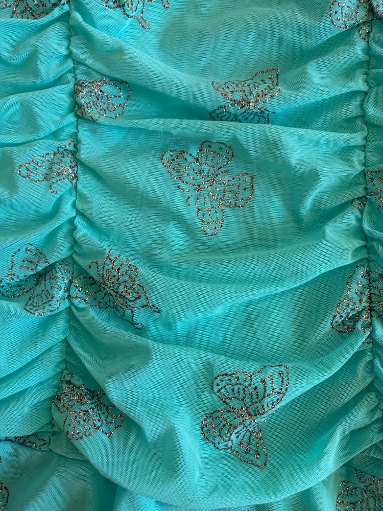 Vintage Y2K deadstock turquoise ruched handkerchief hem cami with silver butterflies