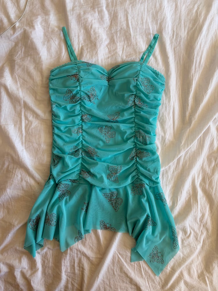 Vintage Y2K deadstock turquoise ruched handkerchief hem cami with silver butterflies