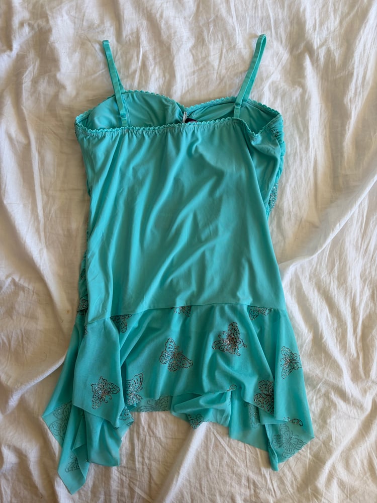Vintage Y2K deadstock turquoise ruched handkerchief hem cami with silver butterflies