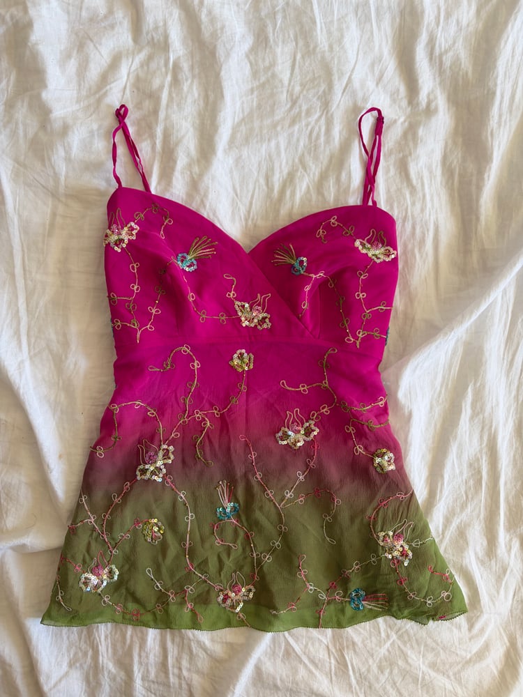 Vintage Y2K pink and green ombre embroidery sequin  silk cami