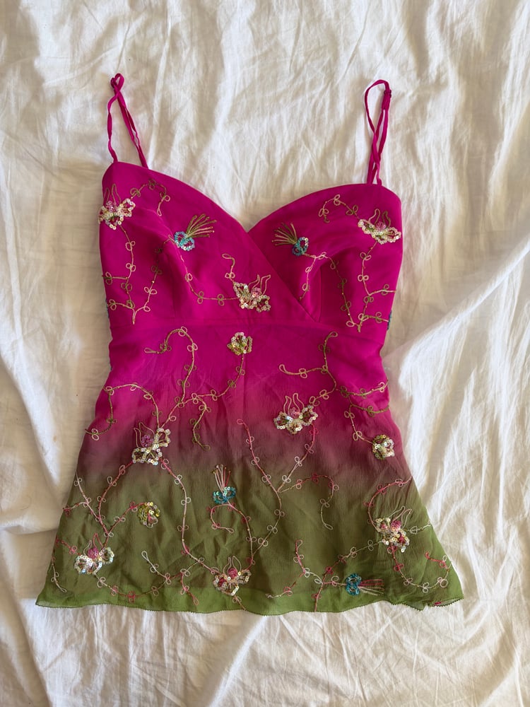 Vintage Y2K pink and green ombre embroidery sequin  silk cami