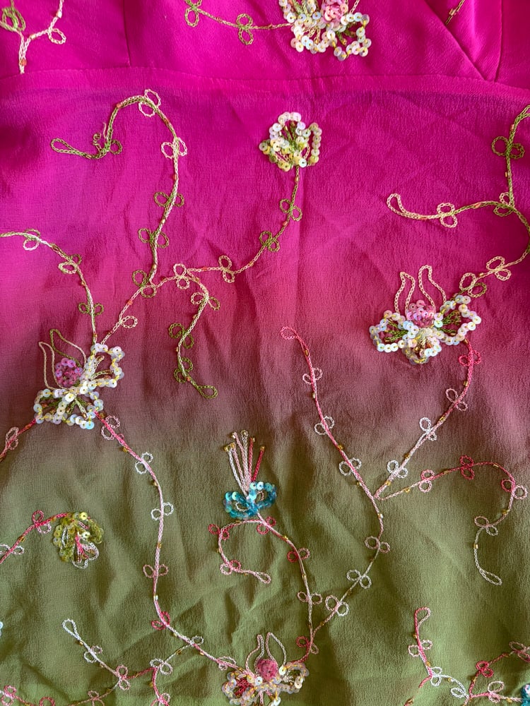 Vintage Y2K pink and green ombre embroidery sequin  silk cami