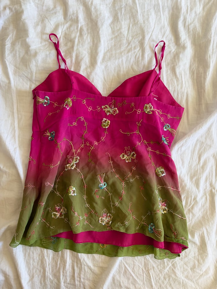 Vintage Y2K pink and green ombre embroidery sequin  silk cami