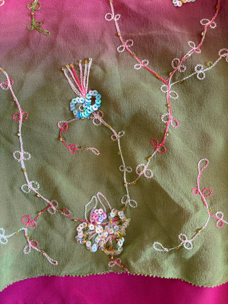 Vintage Y2K pink and green ombre embroidery sequin  silk cami