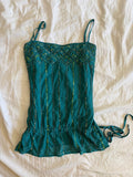 Vintage Y2K teal sequin and sequin silk cami with ruching ties at the bottom