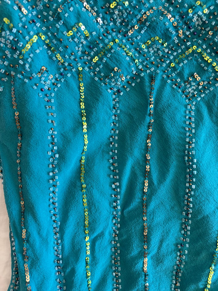 Vintage Y2K teal sequin and sequin silk cami with ruching ties at the bottom