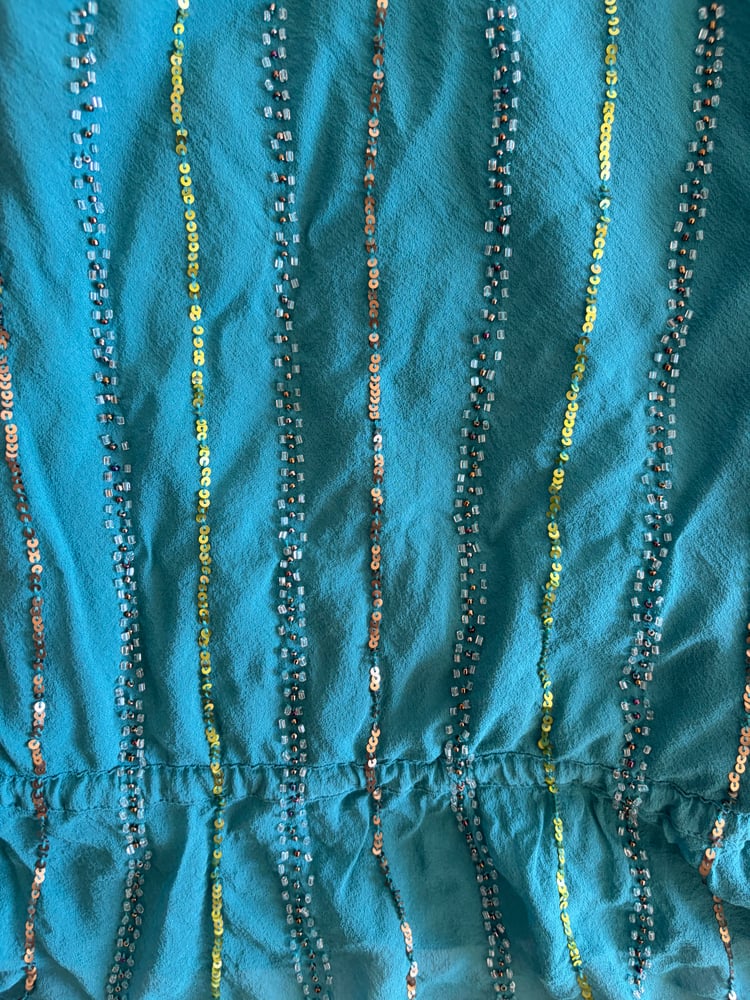 Vintage Y2K teal sequin and sequin silk cami with ruching ties at the bottom