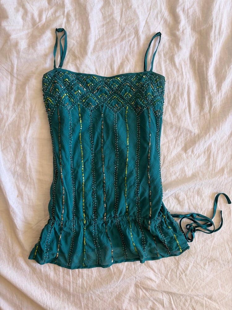 Vintage Y2K teal sequin and sequin silk cami with ruching ties at the bottom