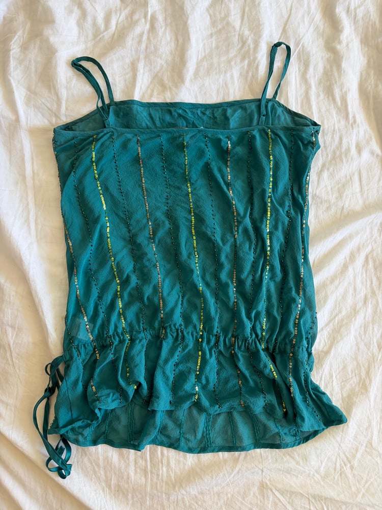 Vintage Y2K teal sequin and sequin silk cami with ruching ties at the bottom