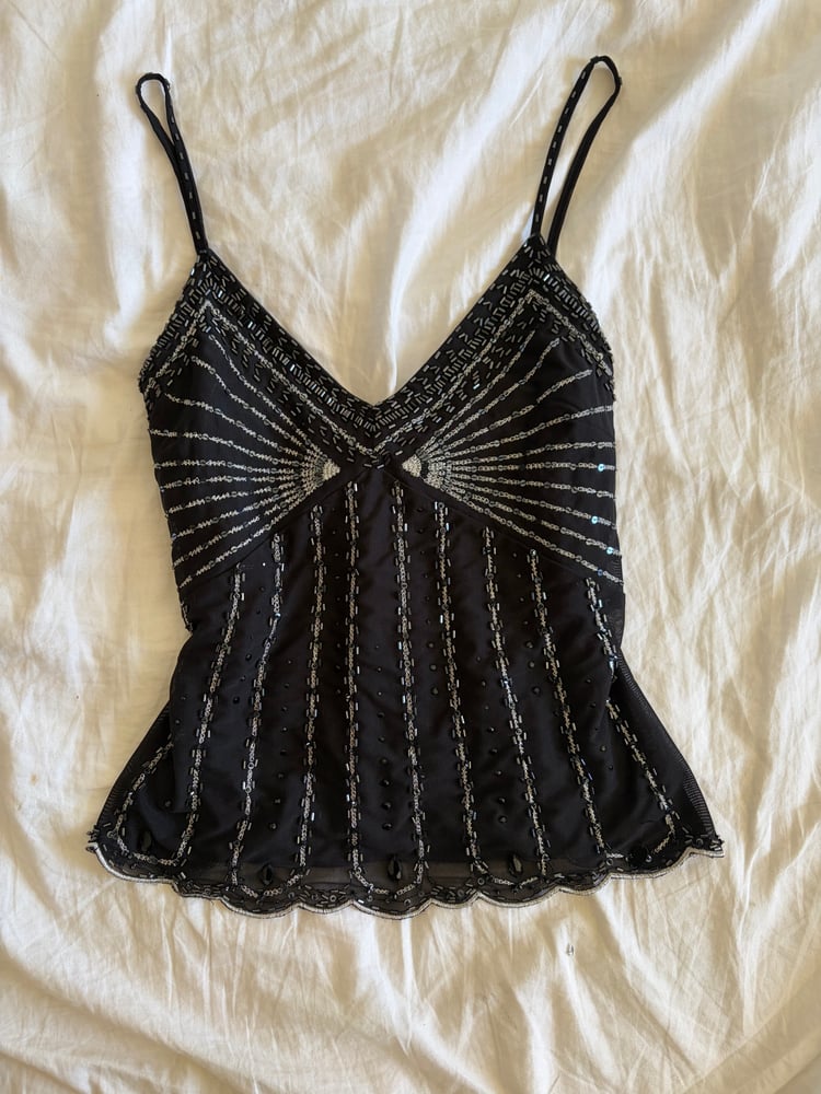 Vintage Y2K black sequin and beaded cami with scallop hem