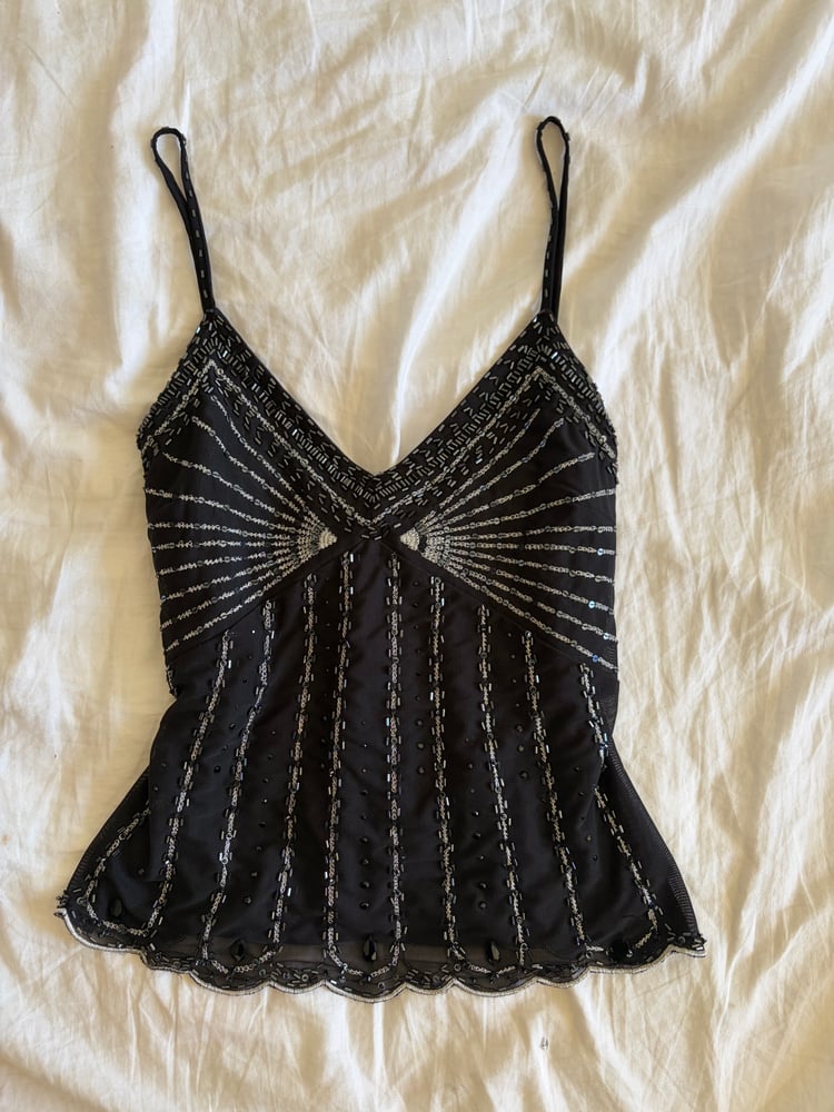 Vintage Y2K black sequin and beaded cami with scallop hem