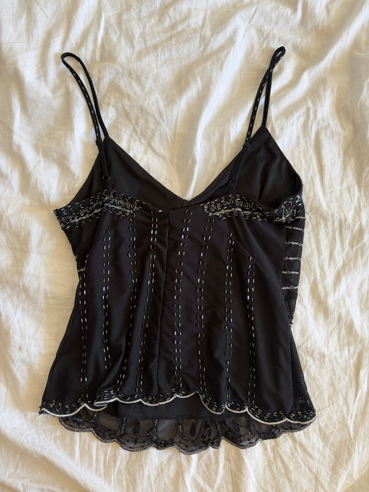 Vintage Y2K black sequin and beaded cami with scallop hem