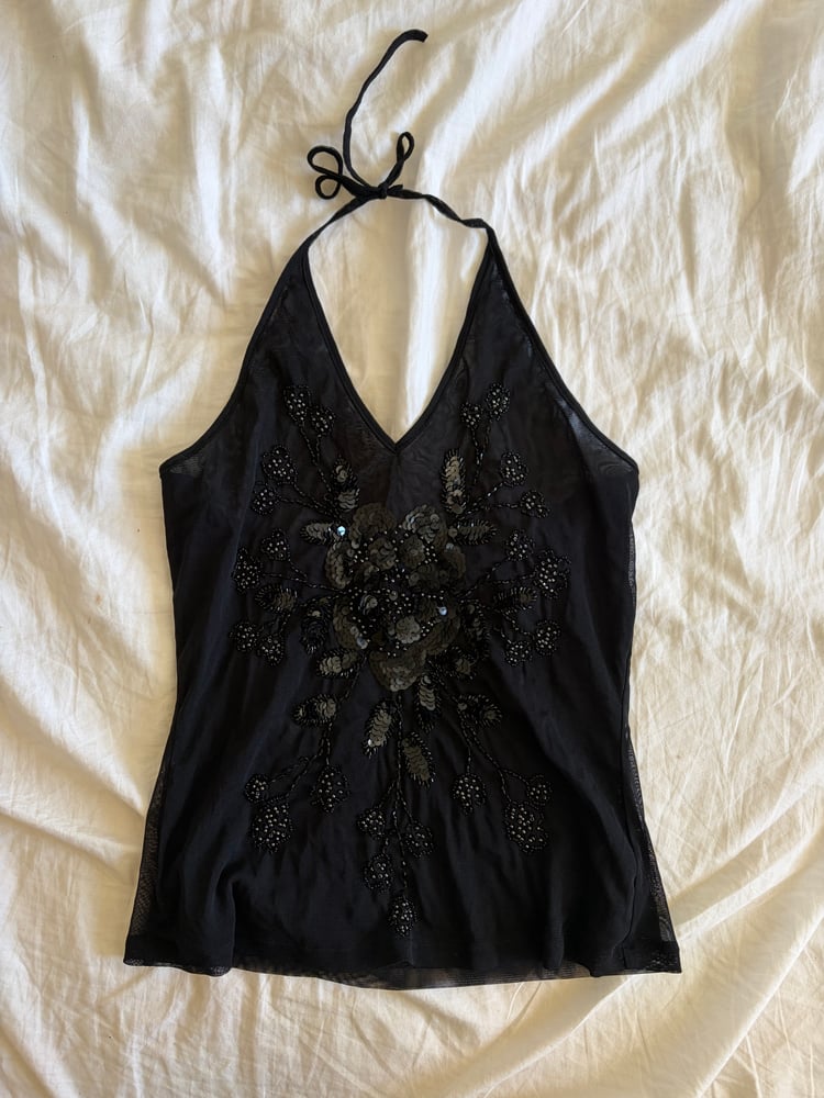 Vintage Y2K black micromesh sequin halter neck cami