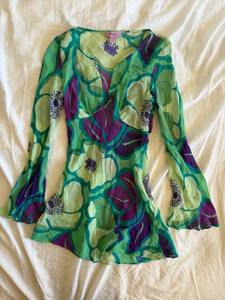 Vintage Y2K rare floral silk sequin bell sleeve long sleeve top