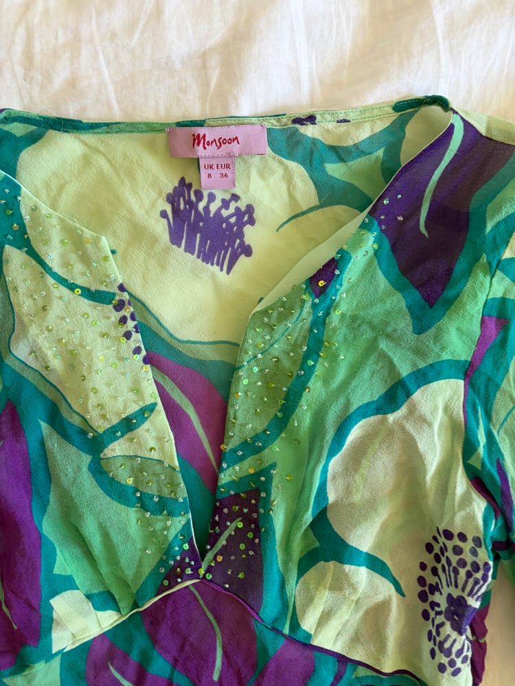 Vintage Y2K rare floral silk sequin bell sleeve long sleeve top