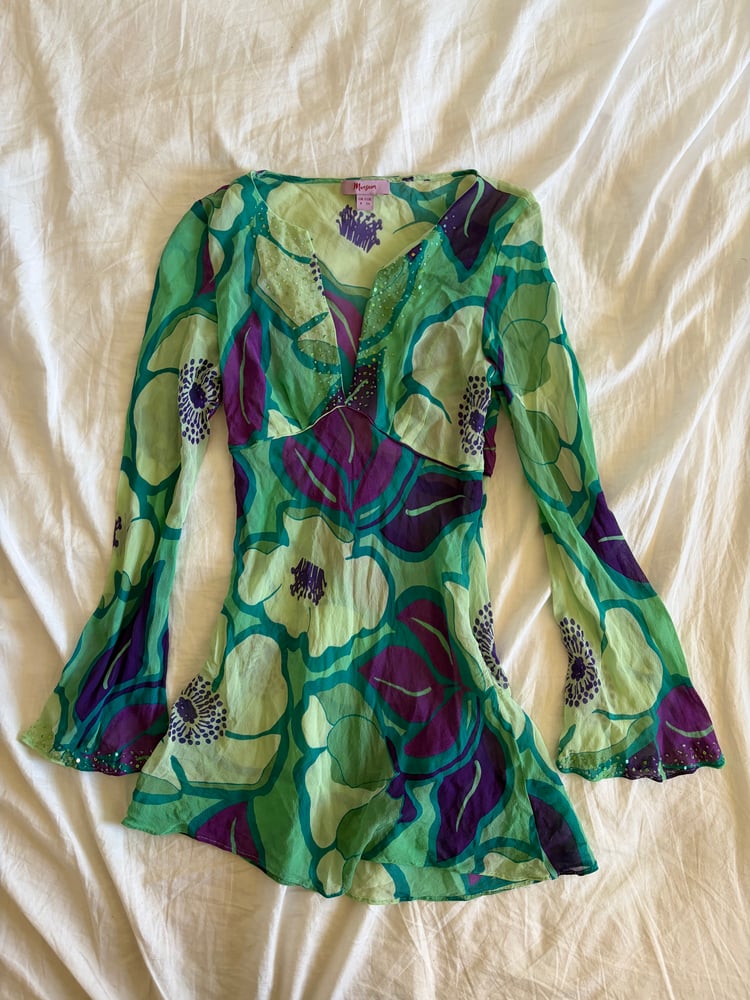 Vintage Y2K rare floral silk sequin bell sleeve long sleeve top