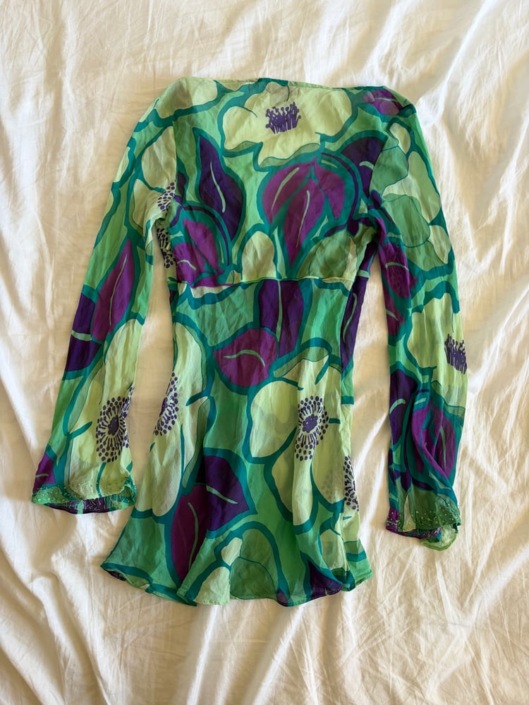 Vintage Y2K rare floral silk sequin bell sleeve long sleeve top
