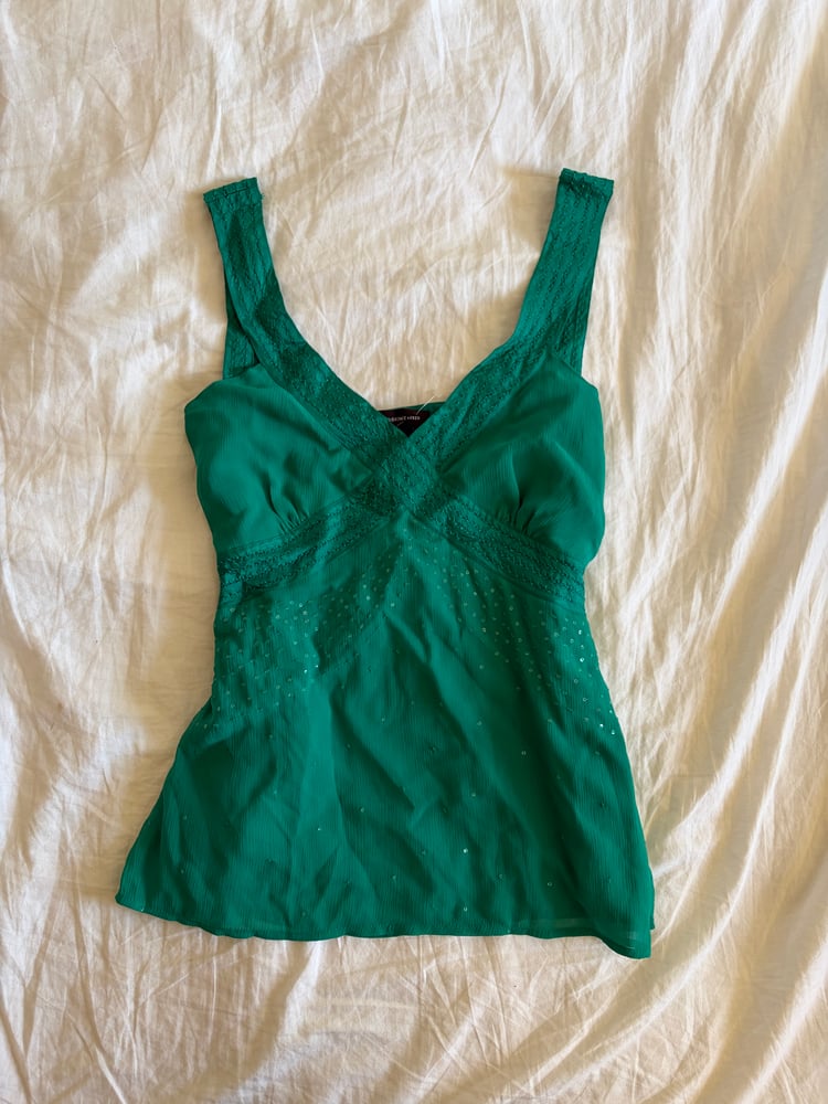 Vintage Y2K green sequin cami with embroidery bust detail