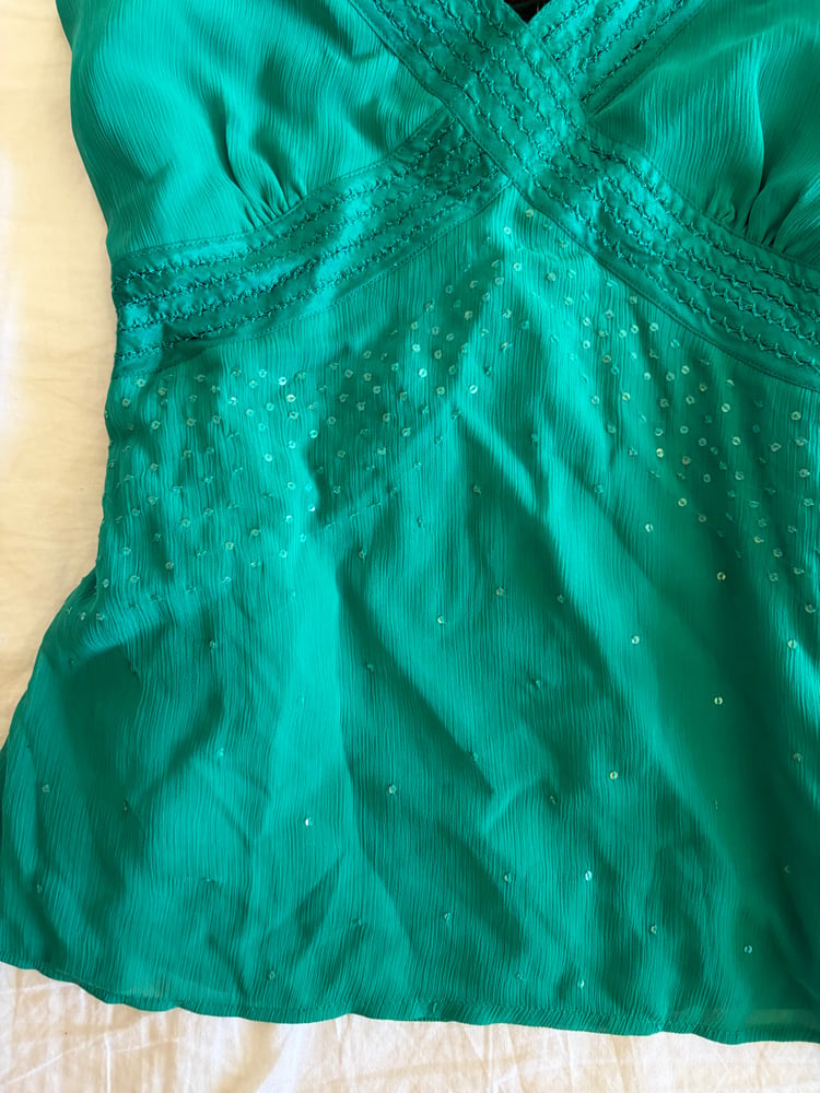 Vintage Y2K green sequin cami with embroidery bust detail