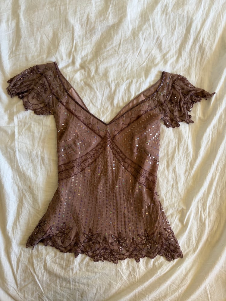 Vintage Y2K insane silk beaded and iridescent sequin top with frilly embellished sleeves