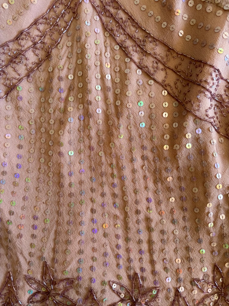 Vintage Y2K insane silk beaded and iridescent sequin top with frilly embellished sleeves