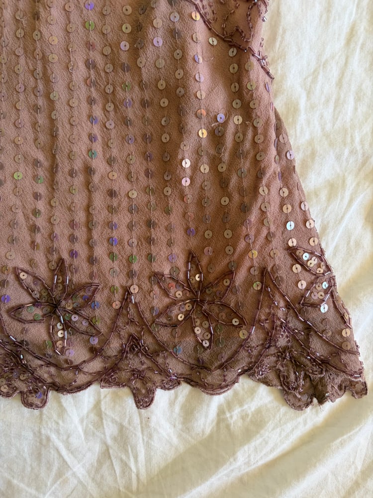 Vintage Y2K insane silk beaded and iridescent sequin top with frilly embellished sleeves