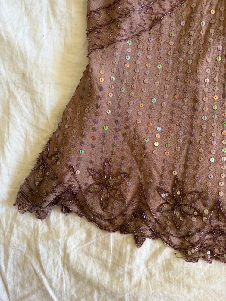 Vintage Y2K insane silk beaded and iridescent sequin top with frilly embellished sleeves