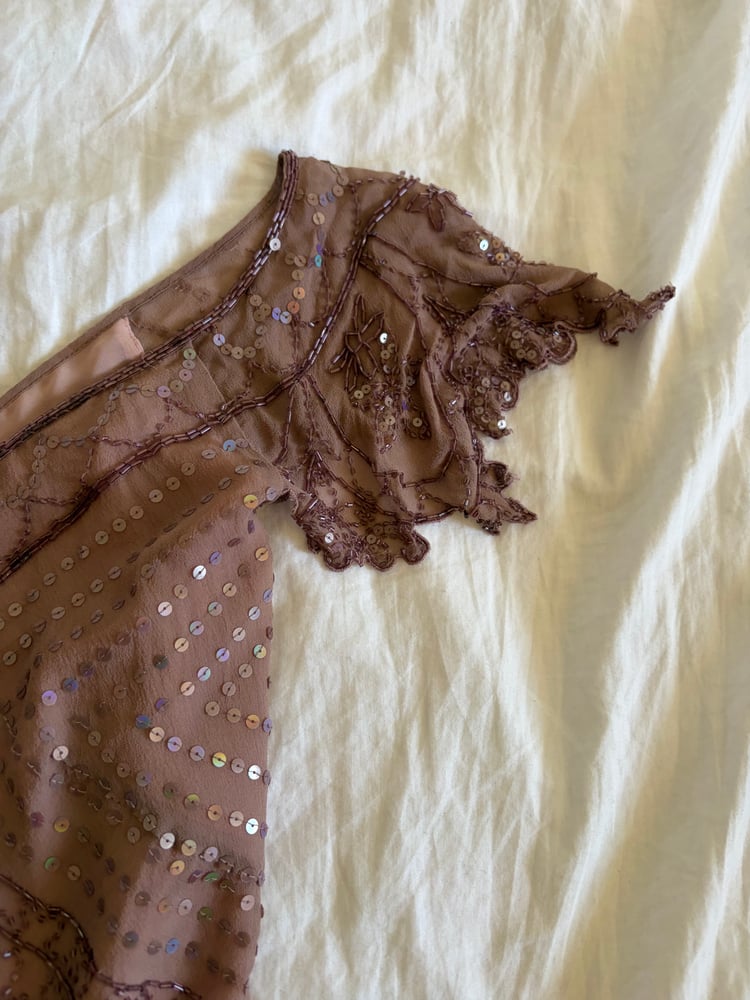 Vintage Y2K insane silk beaded and iridescent sequin top with frilly embellished sleeves