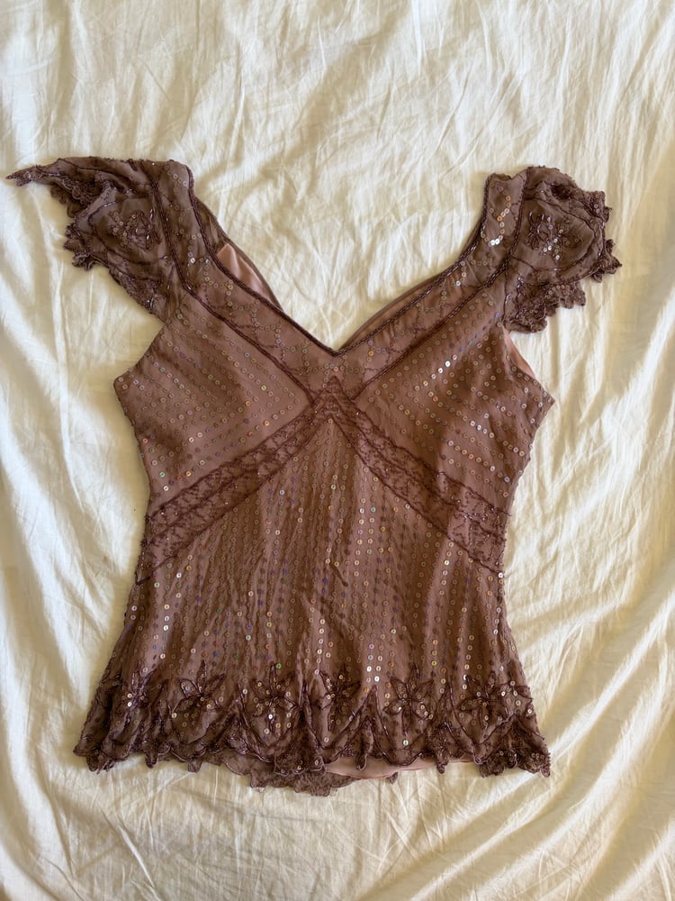 Vintage Y2K insane silk beaded and iridescent sequin top with frilly embellished sleeves