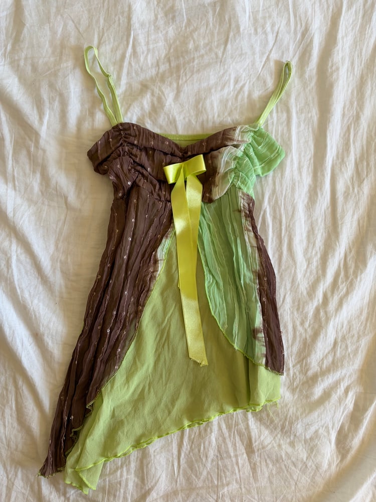 Vintage Y2K Rare asymmetrical hem forest fairy brown and green sequin cami