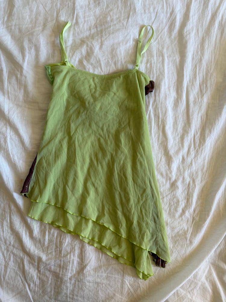 Vintage Y2K Rare asymmetrical hem forest fairy brown and green sequin cami